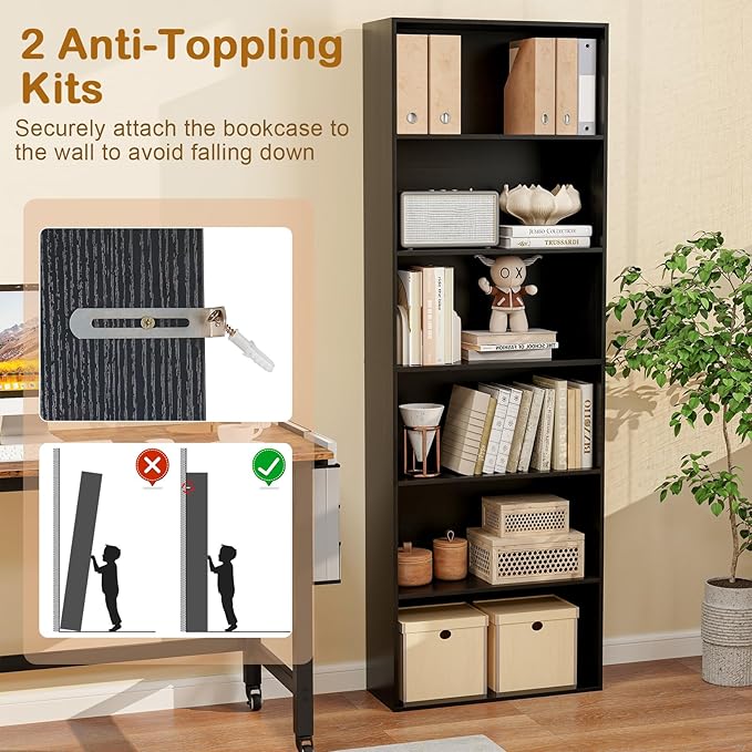 Tangkula 6-Tier Bookcase, 70” Tall Freestanding Bookshelf with 6 Open Shelves, Anti-Toppling Kits, Floor Display Storage Organizer for Living Room, Study, Kitchen, Home & Office (Black, 70" H)