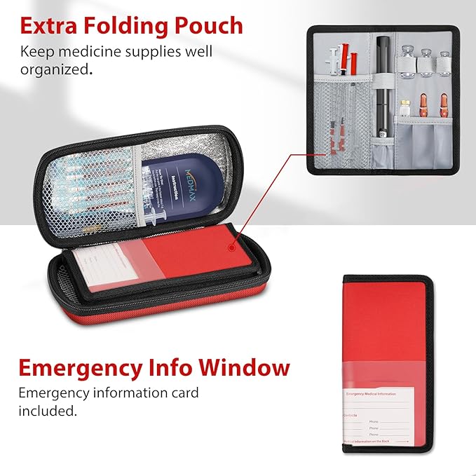 Hard Shell Insulin Cooler Travel Case with 2 Ice Pack, Shock Absorption Insulated Diabetic Medication Organizer Carrying Bag with Extra Pouch for Insulin Pen and Other Diabetic Supplies, Red
