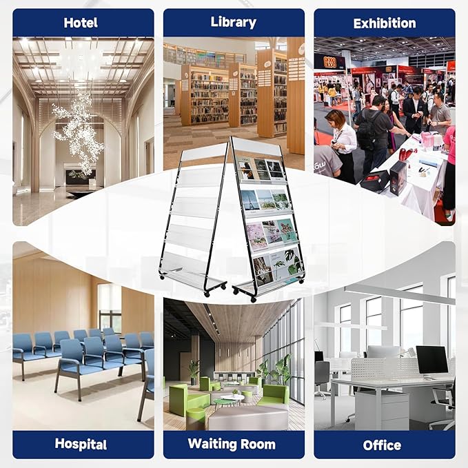 4-Tier Floor-Standing Magazine Rack with Wheels – Perfect Brochure Display Stand for Exhibitions, Offices, and Information Hubs