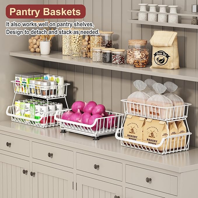 3-Tier Rolling Pantry Cart with Wheels, Stackable Wire Storage Floor Organizer for Kitchen Pantry Snack Shelves, Fruit Basket Stand, Vegetable Storage Rack for Food Snacks Onion Potato, White