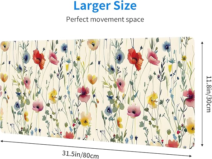 Wild Flowers Large Mouse Pad,Gaming Keyboard Desk Pad,Extended Mouse Mat Non-Slip Rubber Base with Stitched Edges for Office Game Home XL 31.5"x11.8"