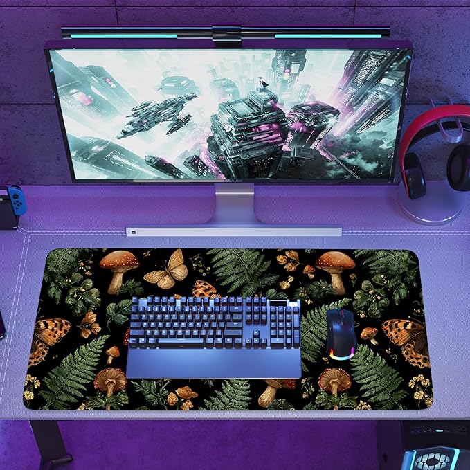 Vintage Butterfly Mushroom Mouse Pad – Large Extended Desk Mat 35.43 x 15.75 in – Dark Forest Aesthetic with Ferns & Fungi, Waterproof Surface, Non-Slip Rubber Base, Keyboard & Mouse Pad