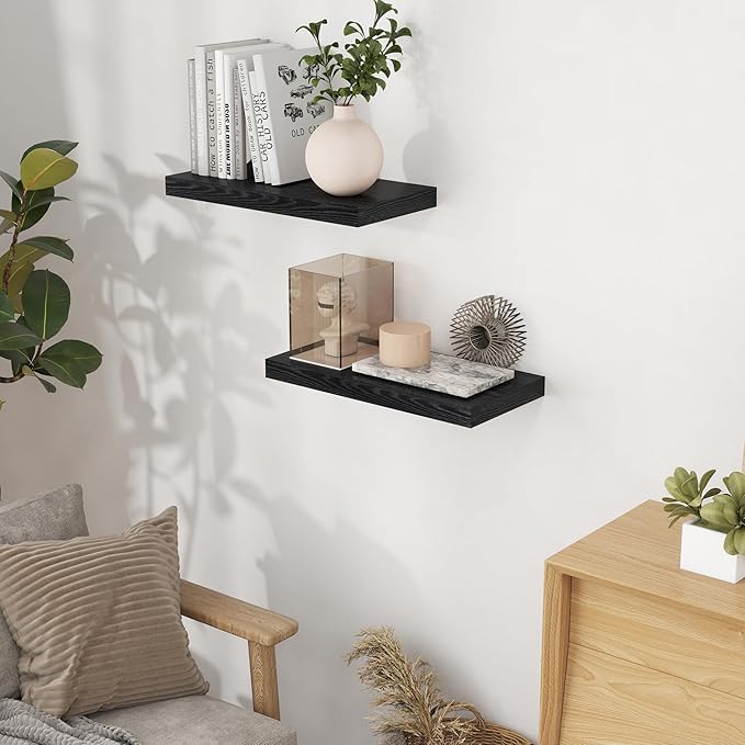 Black Floating Shelves for Wall, 16 Inch Wall-Mounted Bathroom Shelves Set of 2, Rustic Wood Floating Shelf for Kitchen|Bedroom, 9.3 Inch Deep Shelf Invisible Brackets for Books|Storage|Decor