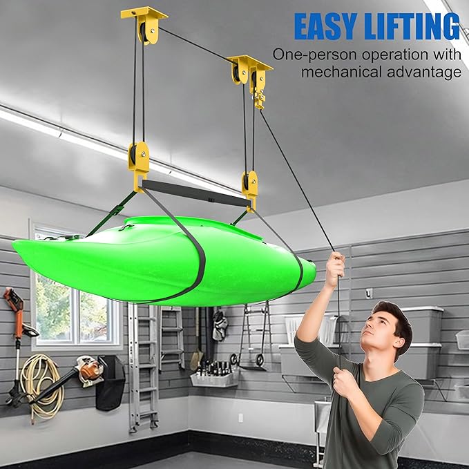 2 Pack Kayak Hoist for Garage Ceiling Storage, Kayak Lift Pulley System with 85 lbs Capacity for Lightweight Kayak, Ladder, Bike, Surfboard