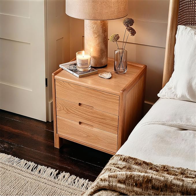 Nightstand, Solid Wood Small End Table w/3 Drawers, Modern Bedside Tables, Mid Century Night Stand, Bed Side Table, 15.75" W x 13.78" D x 21.65" H (Natural)