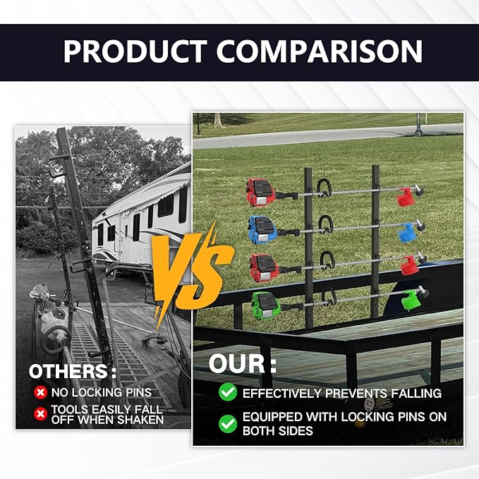 Trimmer Rack, 4 Place Heavy Duty Weedeater Rack for Walls, Open and Enclosed Trailers with Locks, Black Steel