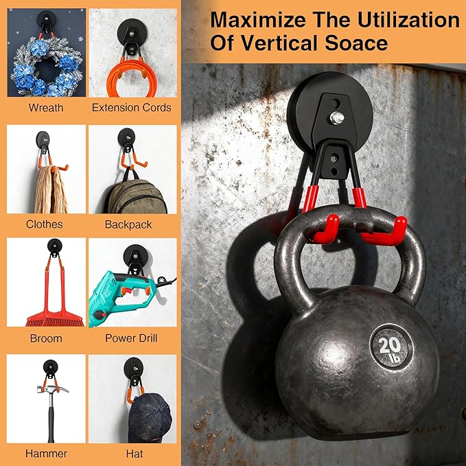 4 Pack Strong Magnet Hooks Heavy Duty, Rubber Coated No Damage Hook for Garage Storage, Dual Hook Design, Large Magnetic Hangers for Tools, Garden, Workshop (Orange2pcs + Black2pcs)
