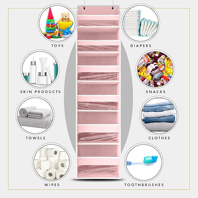 HOMELUX THEORY Over The Door Organizer Hanging - 50lbs Load 6 Large Front & 12 Side Pockets, 2 Pack Over The Door Shoe Organizer, Hanging Closet Organizer For Toys, Diaper, Purse, Sewing (Baby Pink)
