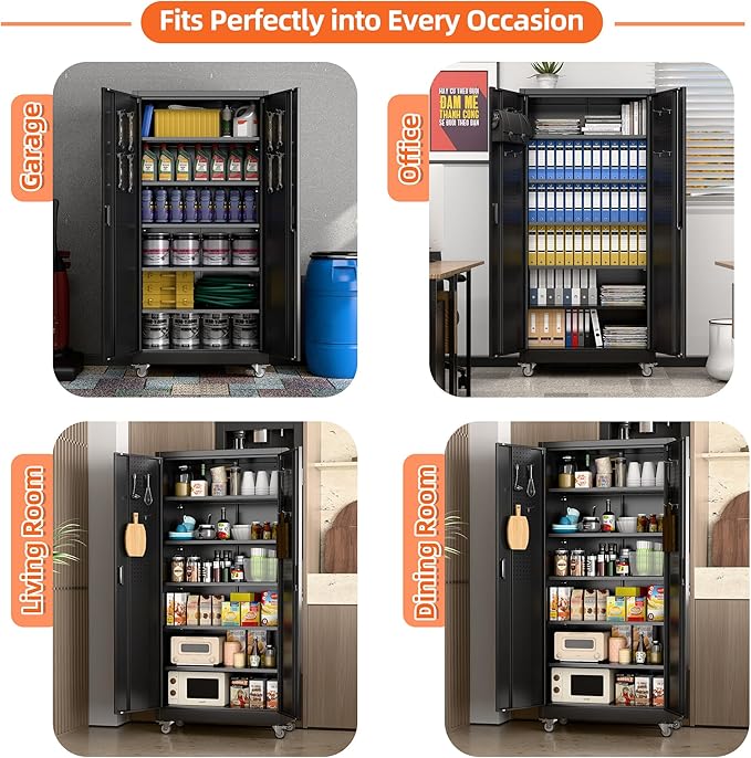 Aobabo 71" H×34" W×18" D Garage Storage Cabinet with Wheels, Metal Locking Storage Cabinet with 4 Hooks and 5 Steel Shelves for Garage, Home Office, School, Assembly Required, Black