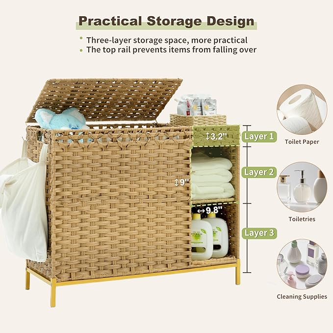 Laundry Hamper with Lid, 130L (34.4 Gal) Rattan Laundry Hamper 3 Section with 50L (13.2 Gal) Storage Shelf, Wicker Woven Laundry Sorter Basket with 4 Liner Bags and Handles, Gray GLH003G