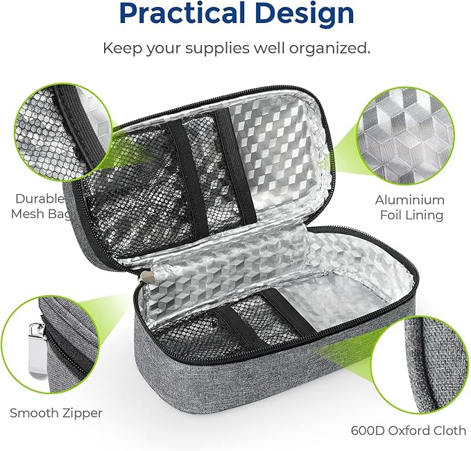 AUVON Portable Insulin Cooler Travel Case, Insulated Diabetic Bag with 2 x 160g Ice Packs for 6-8h Cooling Time, Medication Cooler Bag for Insulin Pens and Blood Glucose Monitor Supplies