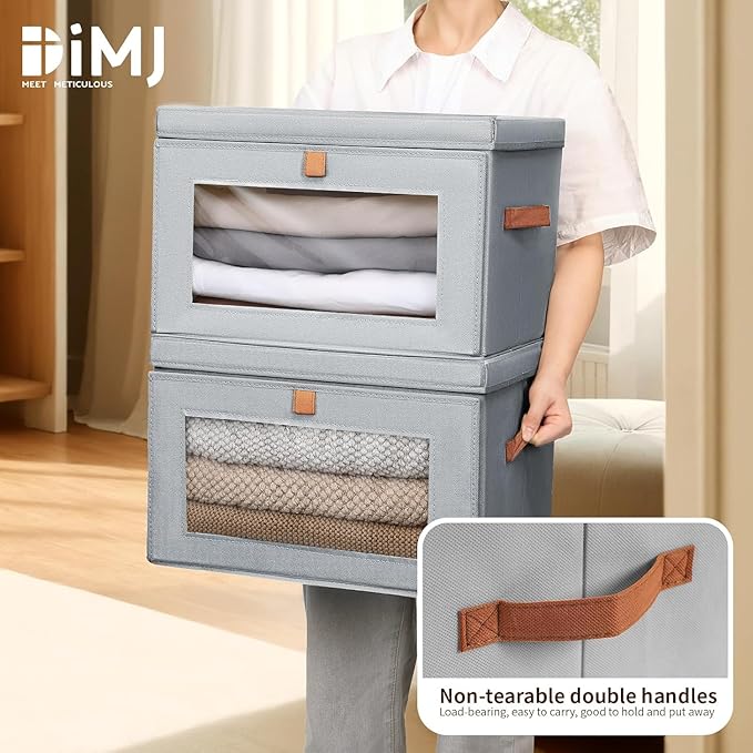 DIMJ Storage Bins with Lids - 3 Pack Large Fabric Closet Organizer with Window & Handles, Collapsible Decorative Storage Boxes for Shelves Under Bed, Books Clothes Blankets Sweaters Organization