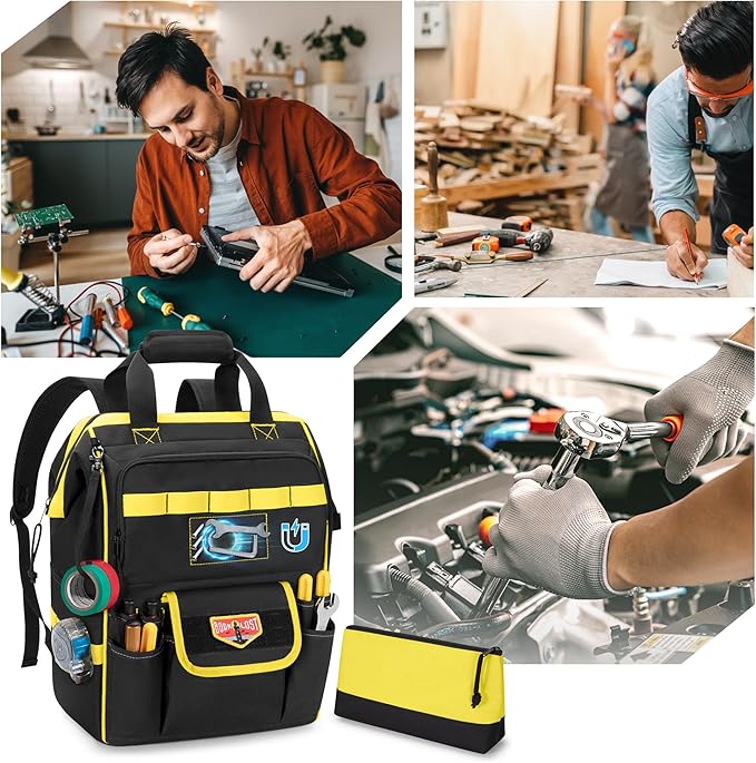 Tool Bag Backpack with Zipper Pouch and Magnetic Attraction Area, Heavy-Duty Tool Storage Organizer Bag, Tactical Work Tool Bag for Electrician, Repairman, HVAC Techs, Black