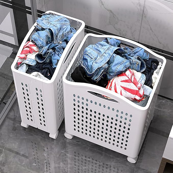 Rolling Laundry Hamper with Wheels - 14W×7.5D×21H Ventilated Plastic Laundry Basket, White Storage Bin with Handles for Small Spaces, Bedroom & Bathroom