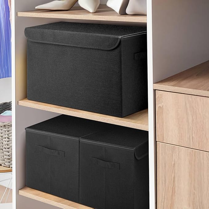 Large 17" 42 Quarts Collapsible Stackable Storage Bins with Lids [3-Pack] Foldable Fabric Linen Storage Boxes Cube, Closet Organizer Baskets with Label (16.7 x 12 x 12, Black)