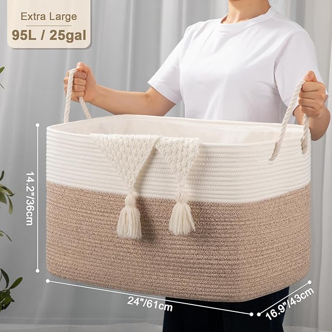 95L Extra Large Blanket Basket with Lid, 24" x 16.9" x 14.2" Woven Storage Basket for Living Room, Rectangle Nursery Blanket Storage for Toys, Towels, Dirty Clothes, Yellow & White