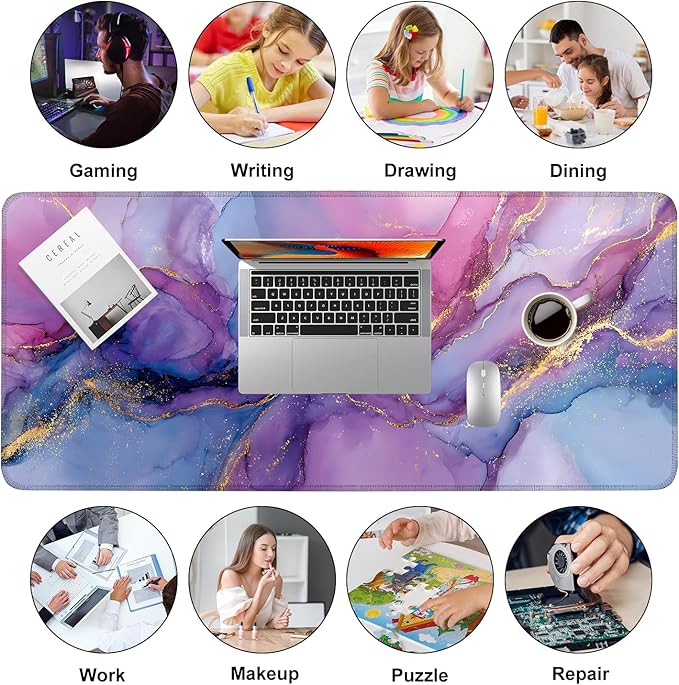 Purple Marble Ink Mouse Pad – Large Extended Desk Mat 35.43 x 15.75 in – Alcohol Ink Watercolor with Gold Vein Design, Non-Slip Base, Waterproof Surface, Aesthetic Keyboard & Mouse Pad