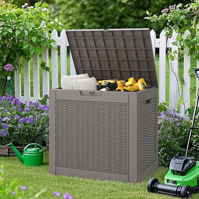 NUNU LAB 35 Gallon Outdoor Storage Box Waterproof, Outside Package Delivery Deck Boxes with Lockable Lid, Backyard Storage Bin For Garden Tools, Patio Cushions Accessories, Gray