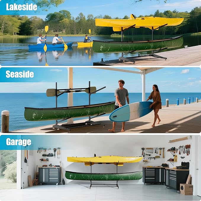 Kayak Storage Rack, Freestanding Outdoor Canoe Rack, Reinforced, Thickened, and Enhanced Rust Resistance, Holds 220 lbs, for Safe Garage and Outdoor Canoe Storage(2-Tier, Black)
