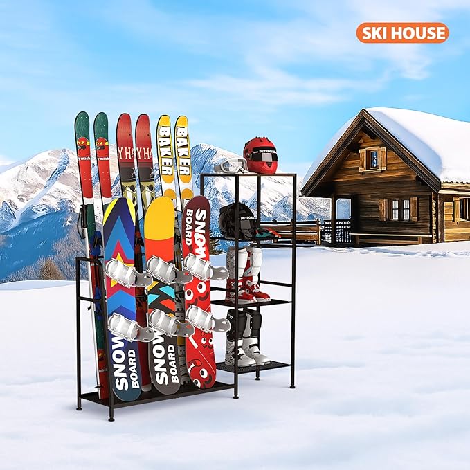 Freestanding Snowboard Rack, 4 Pair Ski, 3 Pack Snowboard, Boot, Pole, Goggles, Snowboard Gear, Ski Rack for Garage