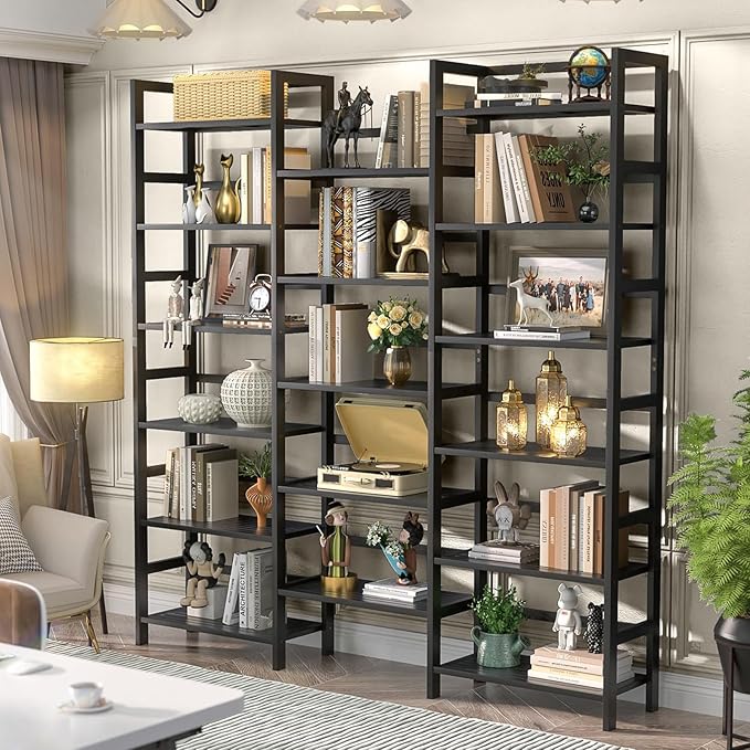 Homykic Bamboo Triple Wide Bookshelves and Bookcases, 6-Tier Shallow Open Bookcase with 17 Display Shelves, 6ft Super Large Freestanding Book Shelf for Home Office, Bedroom, Living Room, Dark Black