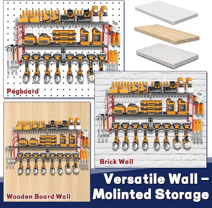 Power Tool Organizer Wall Mount, 300Lbs Load 3 Layer Heavy Duty Metal Tool Shelf with 8 Drill Holders, Garage Workshop Storage for Cordless Tools Batteries Screwdrivers(Red)