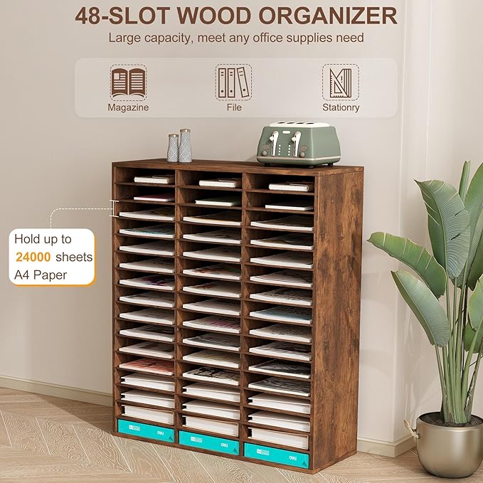 TQVAI Literature Organizer, Heavy Duty 48 Compartments Countertop Mail Organizer with Adjustable Shelves, Wooden Desk Paper Storage Organizer, Mailboxes Cubbies for Office, Classroom, Anqitue