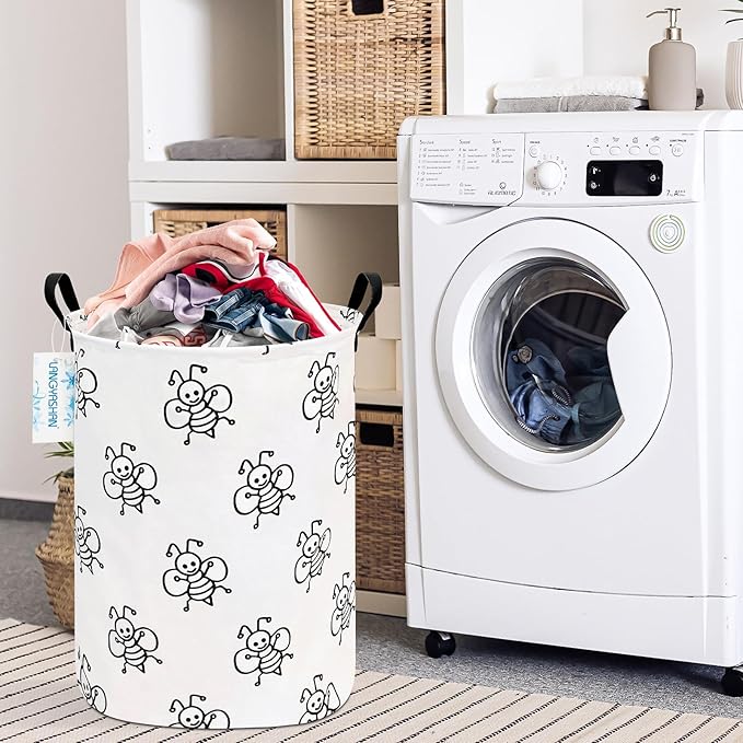 LANGYASHAN Laundry Basket Canvas Fabric Collapsible Organizer Basket for Storage Bin Toy Bins Gift Baskets Bedroom Clothes Children Nursery Hamper (Bee)