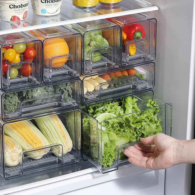 Plastic Clear Fridge Storage Organizer with Drawers & Drainer - Stackable Bins for Kitchen Fruit & Veggie Organization (2PCS, Large)
