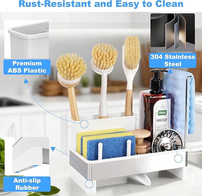 Kitchen Sink Caddy Organizer with Dish Brush Holder, Stainless Steel Sponge Holder with Dish Cloth Rack, Soap Sponge Caddy for Kitchen Countertop Sink Organizer and Storage Essentials