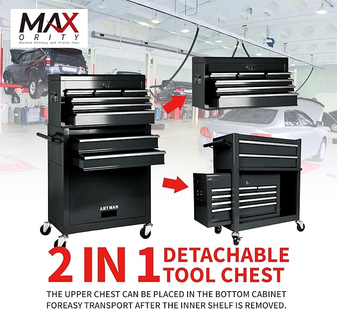 8-Drawer Rolling Tool Chest with Lockable Wheels, Sliding Drawers, Detachable Top & Adjustable Shelf – Heavy Duty Tool Storage Cabinet for Garage, Workshop & Home Organization, Black