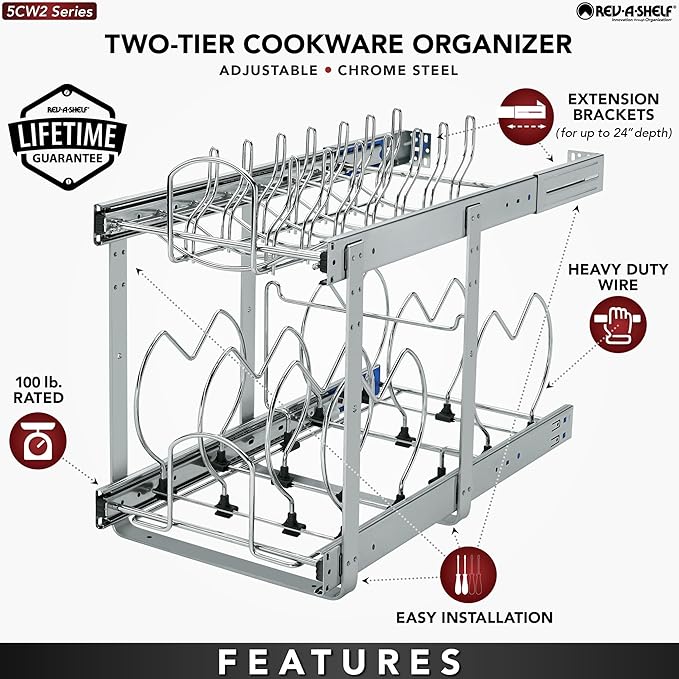 Rev-A-Shelf 2-Tier Kitchen Cabinet Pullout 11.75" Cabinet Organizer for Pots, Pans, and Lid Cookware, Adjustable Heavy Duty Wire, Chrome, 5CW2-1222-CR