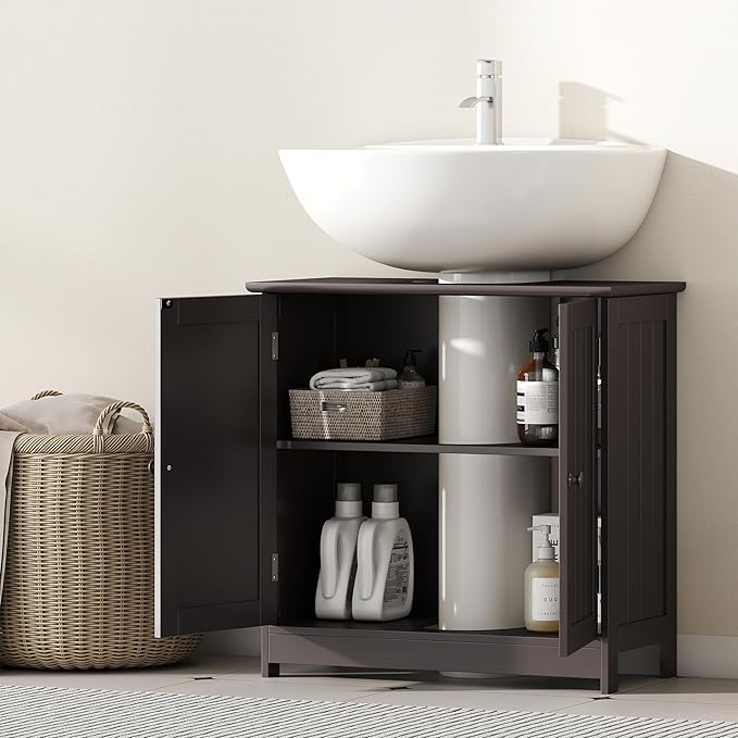 HOMCOM Under Sink Bathroom Cabinet, Pedestal Sink Storage Cabinet with 2 Doors, Shelf and U-Shape, Coffee