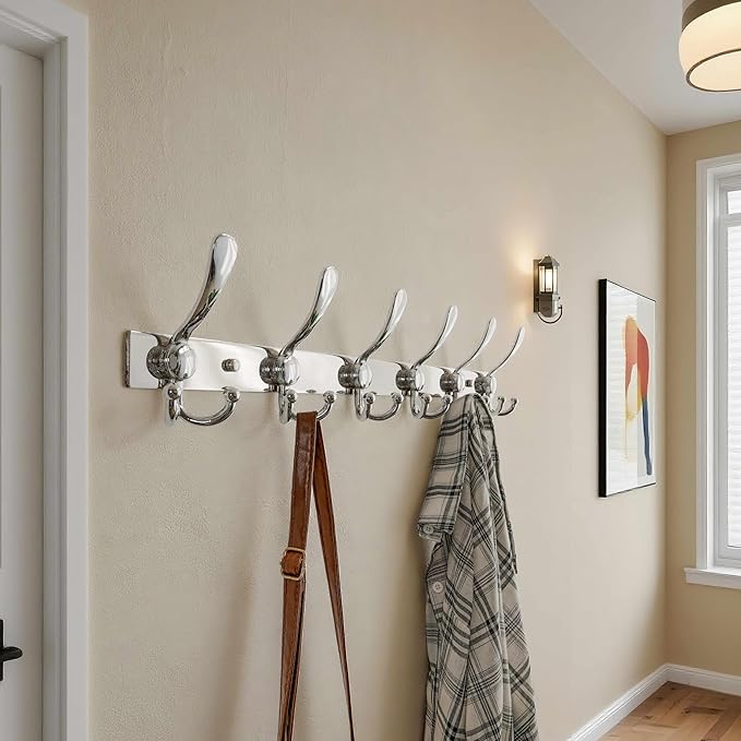 Dseap Coat Rack Wall Mount 2.0 Pro: 24” Long, 3X Tougher, Heavy Duty Stainless Steel Wall Coat Hanger with 6 Tri Hooks for Clothes Jackets Hats Entryway Closet, Chromed