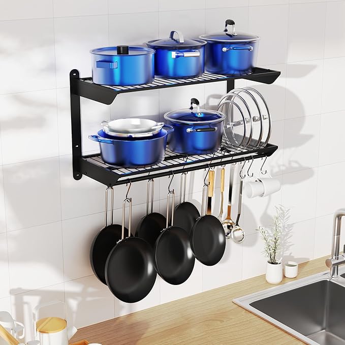 YIGII 30 Inch Pot Rack Wall Mounted, 2-Tier Pots and Pans Organizer with 12 Anti-Drop Hooks, Heavy Duty Kitchen Wall Shelf for Cookware, Lids, Utensils, Black