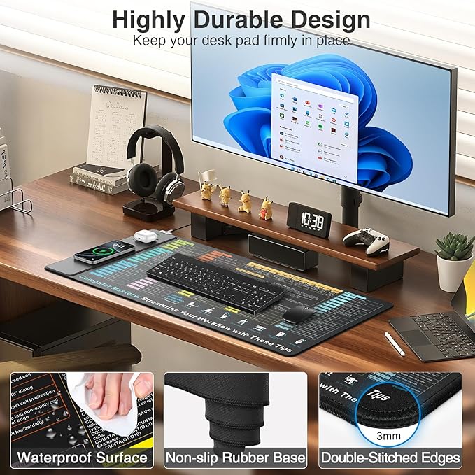Wireless Charging Mouse Pad with Excel Formulas Shortcuts, 31.5"x15.8" Extra Large Office Spreadsheet Cheat Sheet Desk Mat, Waterproof Ultra-Smooth Surface, Non-Slip Base