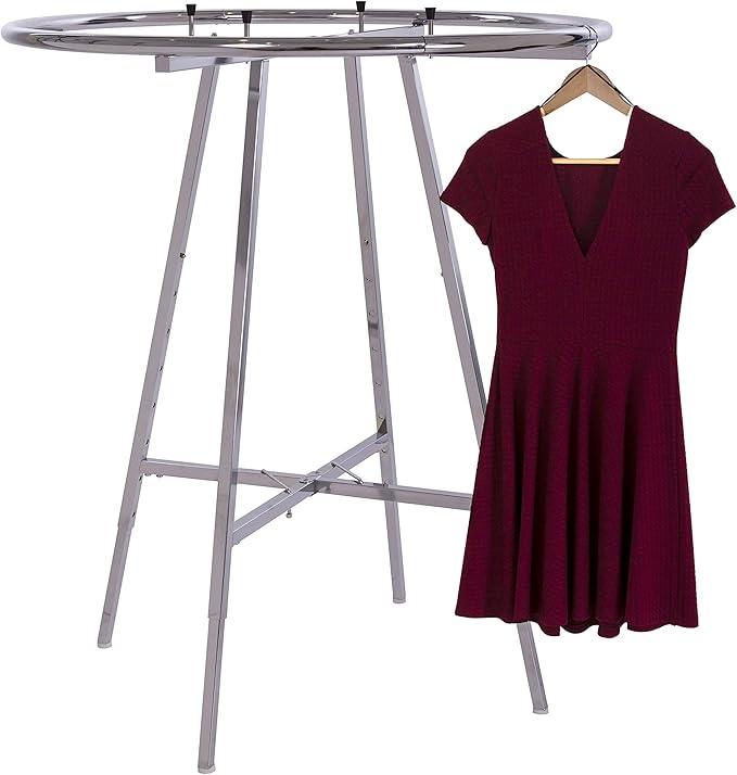 Econoco 42-Inch Folding Round Garment Rack, Adjustable 46–66″ Height Retail Display, Chrome Finish
