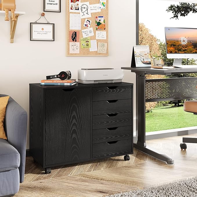 DEVAISE Mobile File Cabinet, 5-Drawer Wood Dresser Chest with Door, Printer Stand for Home Office, Black
