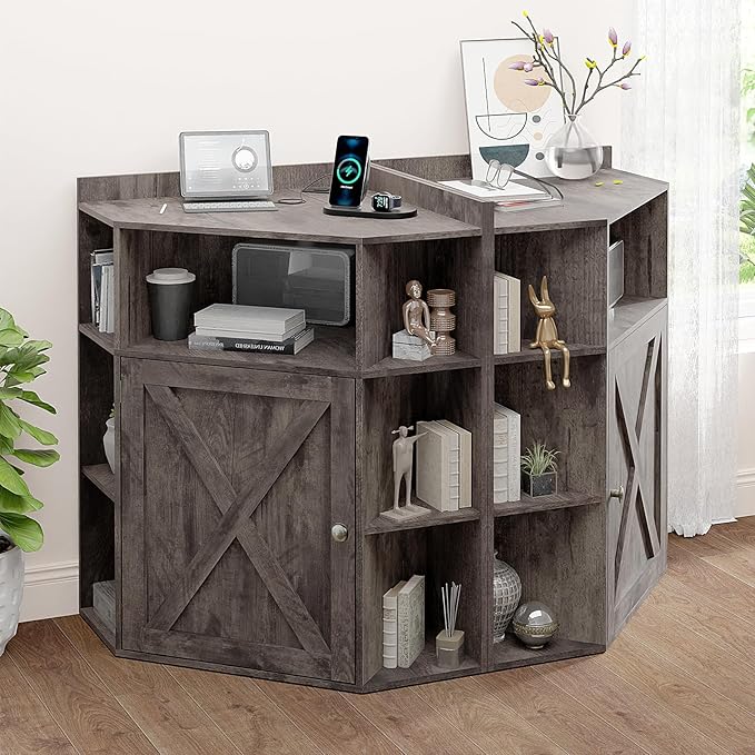 Vabches Corner Cabinet, Corner Storage Shelf with USB Ports and Outlets Industrial Organizer for Small Space Wooden 6-Cubby Bookshelf for Study, Playroom, Living Room (Rustic Grey)