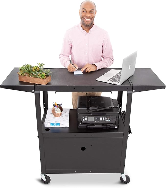 Line Leader Large AV Cart with Locking Cabinet & Drop Leaves, Rolling Height Adjustable Utility Cart with Pullout Laptop Keyboard Tray & Cord Management, Narrow Mobile Workstation (Black, 54 x 18)
