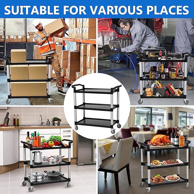 3-Shelf Service Cart，42" Wx20 Dx39 H，360 Lbs Heavy Duty Utility Cart ，Rolling Cart with Lockable 360° Swivel Wheels for Foodservice, Restaurant & Cleaning，Black