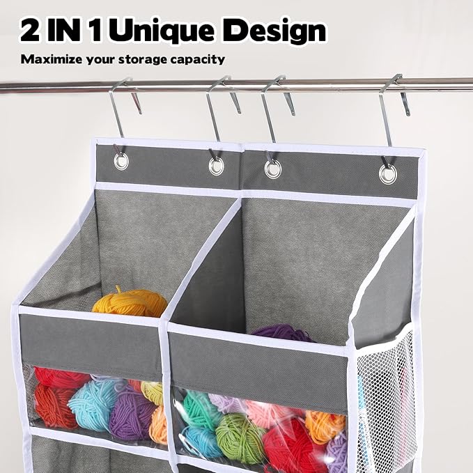 Over Door Yarn Storage Organizer Oxford Cloth Hanging Yarn Storage Organizer with 10 Deep Clear Pockets & 10 Mesh Side Pockets Extra Large Behind Door Storage for Crochet Accessories Knitting Supplies