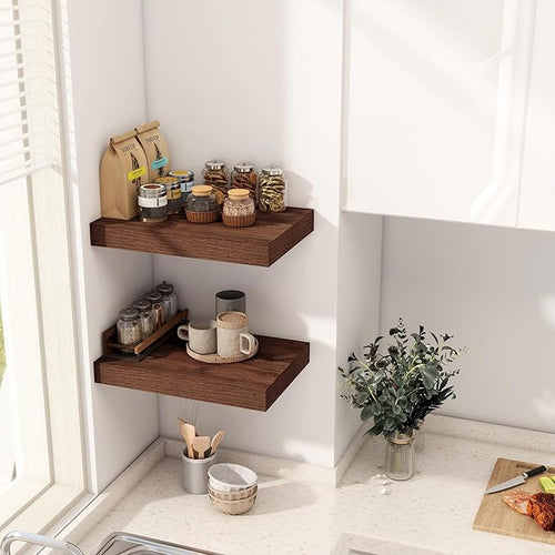 12 Inch Deep Floating Shelves, 16 x 12 Floating Shelf for Books, Rustic Wood Deep Wall Shelves for Home Storage & Display, 2" Thicked Shelves for Kitchen, Living Room, Bedroom, Walnut Color, 2 Pack