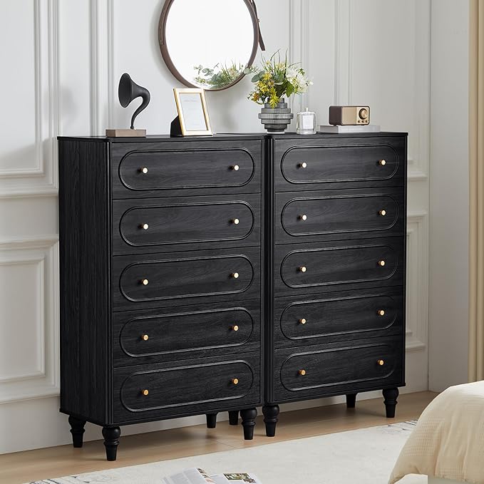 ORRD 5 Drawer Fluted Dresser for Bedroom, Mid Century Modern Chest of Drawers, Wood Storage Large Dresser Organizer for Bedroom Living Room Hallway Closet, Black