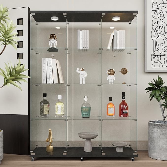 Beauty4U Glass Display Cabinet with LED Lights, Extra Large 3 Columns 2 Doors Curio Cabinets with 12 Shelves for Living Room, Bedroom, Office, Black Floor Standing DIY Glass Bookshelf