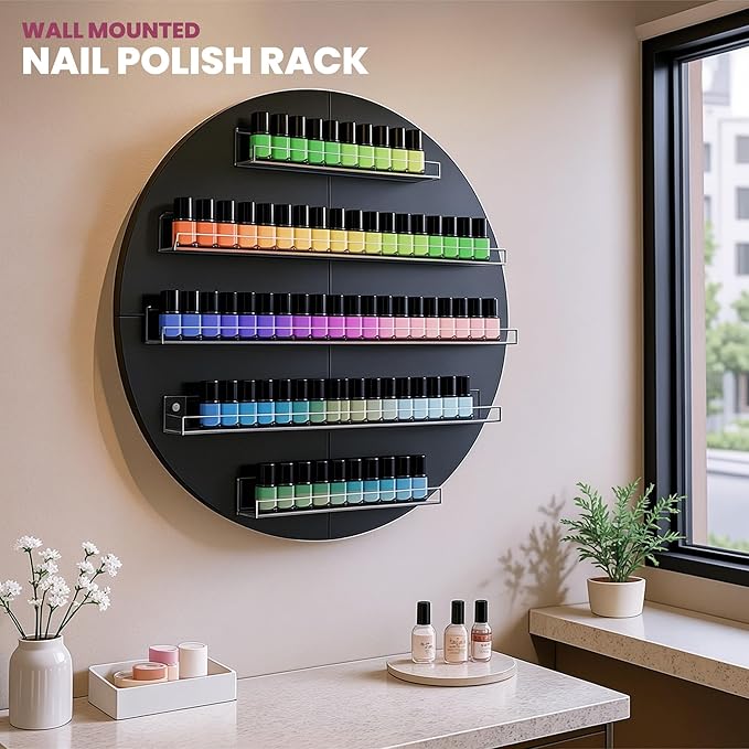 Wall Mount Nail Polish Organizer, 2 Packs Wood Nail Polish Rack w/Acrylic Barrier, 5-Tier Round Storage & Display Shelf, Perfume Essential Oil Bottles Holder, Black