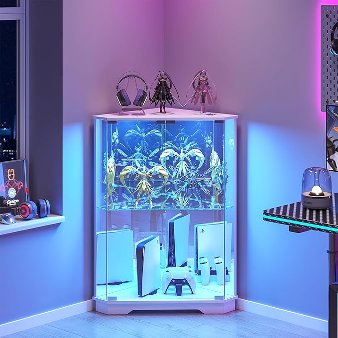 Corner Display Cabinet Set of 2 with Glass Doors, Small Display Case with 3-Color LED Lights and Charging Station, 2-Tier Curio Cabinet with Storage and Shelf, White
