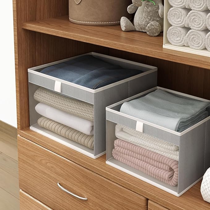 Linen Closet Organizers and Storage, Closet Storage Bins Basket Organizer, Foldable Organization Baskets with Mesh Window for Clothes Towels and Toys, 10.75" x 10.75" x 7.5", Gray, 4 pack