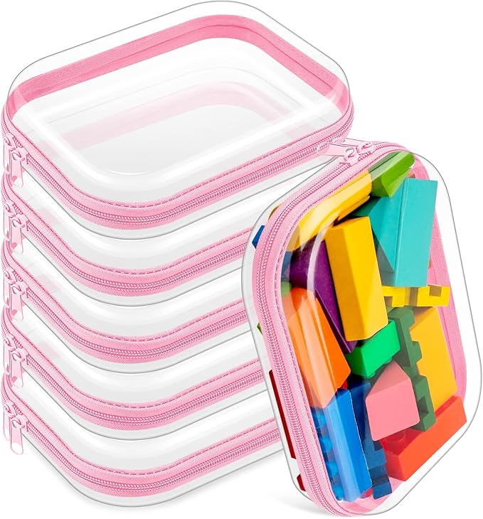 Sanwuta 6 Pcs Clear Hard Zipper Case Hard Plastic Zipper Pouches Transparent Makeup Bag Pencil Pouches for Travel Snacks Christmas Trinket Storage Organizer Box(Pink,7.87 x 5.9 x 2 Inch)
