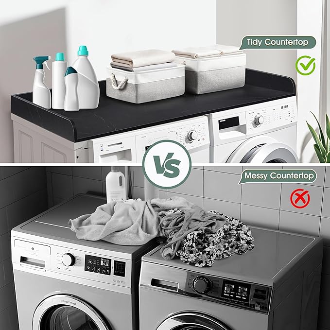 Washer Dryer Countertop with 2 Pack Storage Baskets, Wood Washer and Dryer Countertop with Non-Slip Pads/Edge Rails for Laundry Room Storage and Organization, 27.5" W x 54" L(Black Marble)